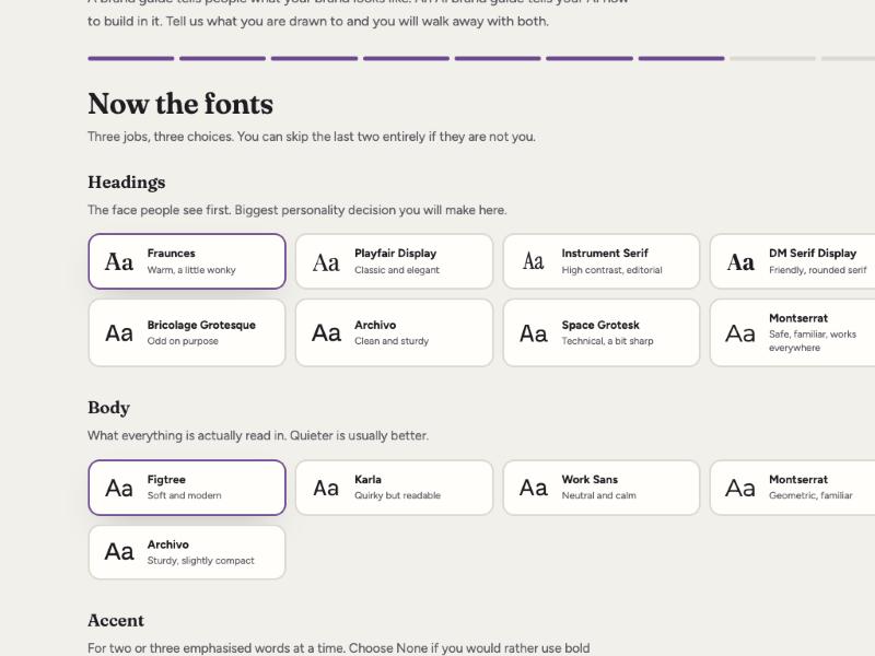 Choosing heading, body and accent typefaces, each previewed in itself