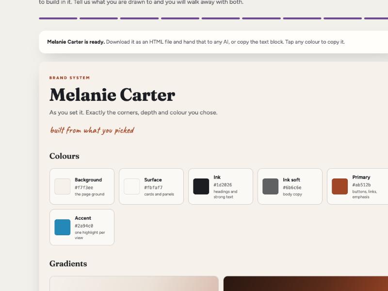 The finished brand system showing colours with their roles and gradients