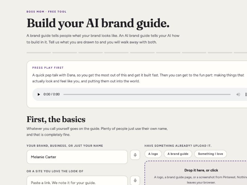 The first screen of the AI brand guide builder, asking for your name and anything you already have